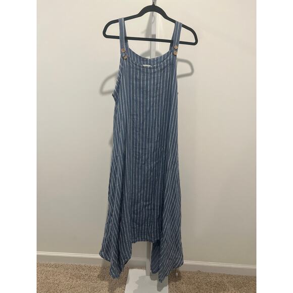 Vasna ITALY 100% Linen Apron Dress Pockets Stripe Lagenlook Boho Sleeveless XL - Picture 1 of 2